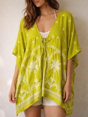 Soma Embroidered Swim Cover Up Key Lime‎ Green Tie Front S/M NWT Boho Resort